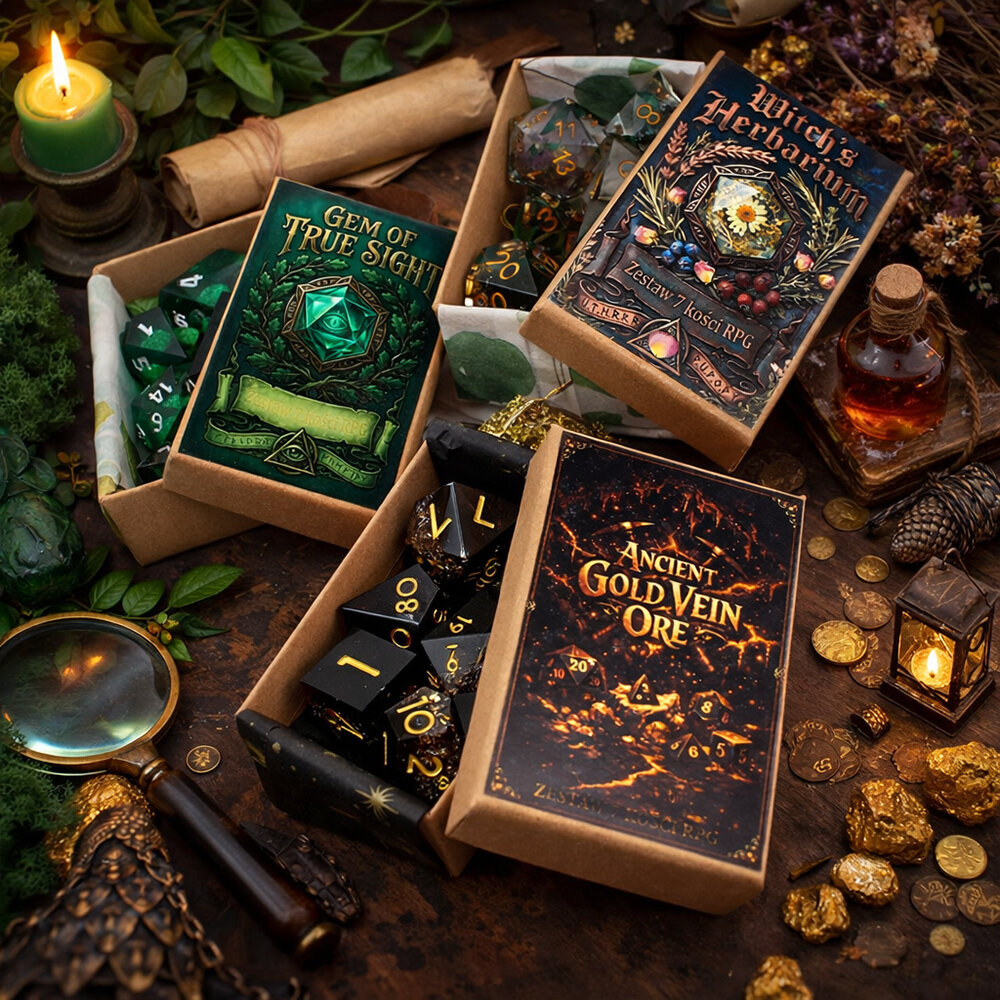 Zestaw kości RPG Ancient Gold Vein Ore czarne ze złotymi drobinkami ostre krawędzie