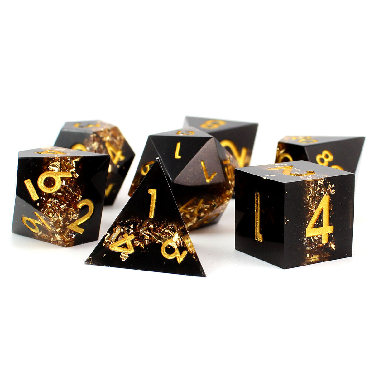 Zestaw kości RPG Ancient Gold Vein Ore czarne ze złotymi drobinkami ostre krawędzie