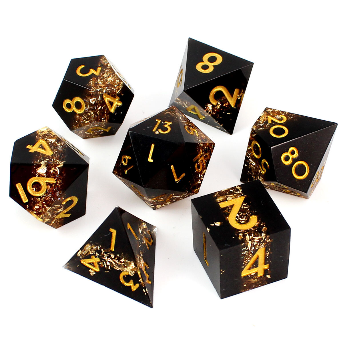 Zestaw kości RPG Ancient Gold Vein Ore czarne ze złotymi drobinkami ostre krawędzie