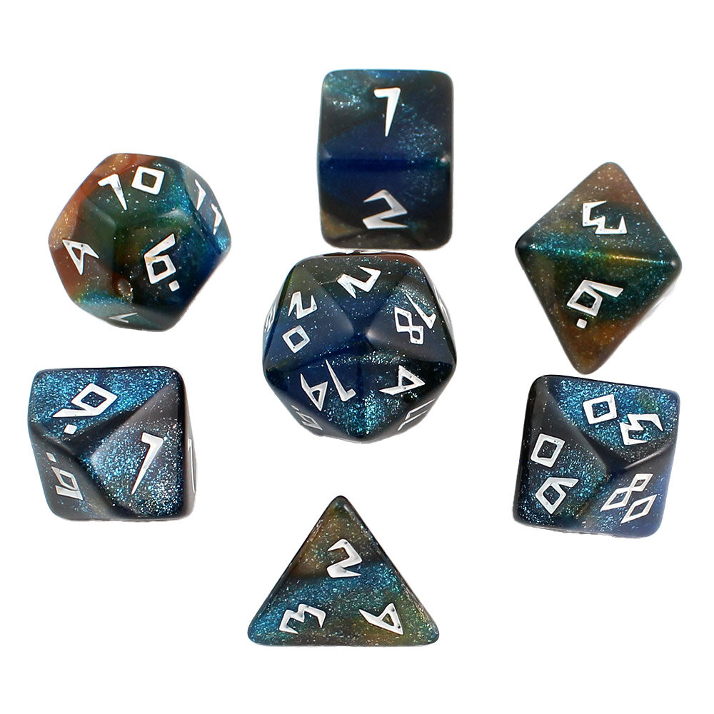 Zestaw 7 akrylowych kości RPG w kolorze granatowo-brązowym z brokatem i unikatową białą czcionką | Akrylowe Kości Bronze Nebula Lume Design Zestaw 7 akrylowych kości RPG w kolorze granatowo-brązowym z brokatem i unikatową białą czcionką | Akrylowe Kości Bronze Nebula Lume Design