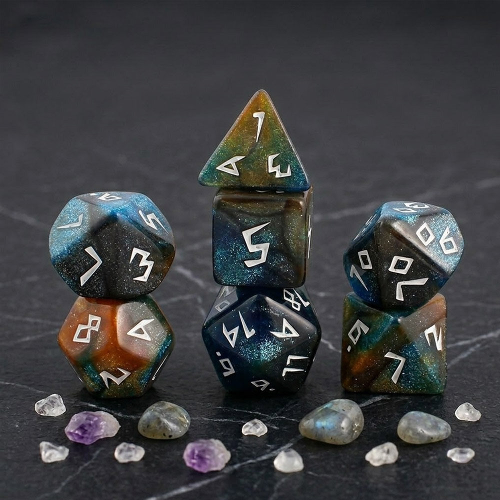 Zestaw 7 akrylowych kości RPG w kolorze granatowo-brązowym z brokatem i unikatową białą czcionką | Akrylowe Kości Bronze Nebula Lume Design Zestaw 7 akrylowych kości RPG w kolorze granatowo-brązowym z brokatem i unikatową białą czcionką | Akrylowe Kości Bronze Nebula Lume Design