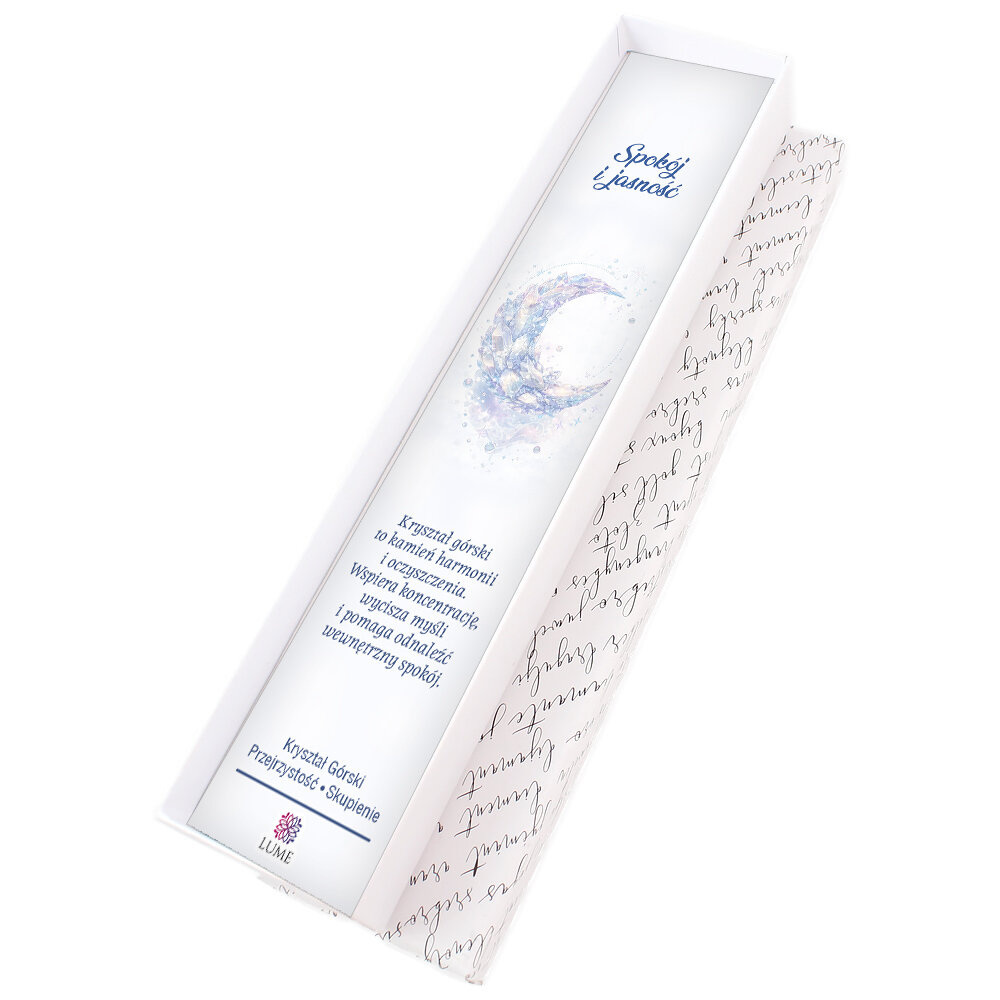 Cienka srebrna zakładka do książki pióro z zawieszką z kryształu górskiego w kształcie księżyca i ażurową rozetką w ozdobnym pudełku. Cienka srebrna zakładka do książki pióro z zawieszką z kryształu górskiego w kształcie księżyca i ażurową rozetką w ozdobnym pudełku.