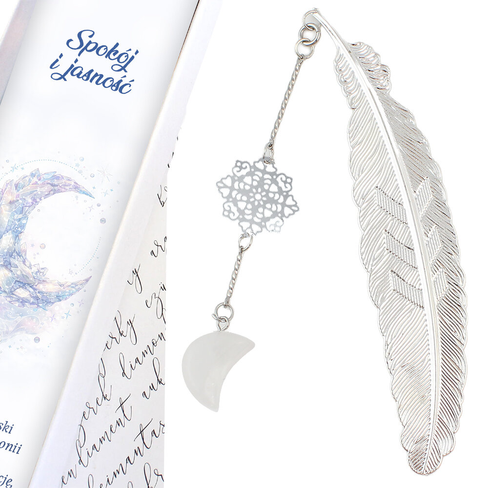 Cienka srebrna zakładka do książki pióro z zawieszką z kryształu górskiego w kształcie księżyca i ażurową rozetką w ozdobnym pudełku. Cienka srebrna zakładka do książki pióro z zawieszką z kryształu górskiego w kształcie księżyca i ażurową rozetką w ozdobnym pudełku.