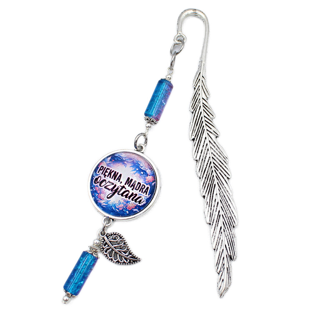 Zakładka do książki z afirmacją na prezent Srebrna zakładka do książki piórko z afirmacją Piękna Mądra Oczytana i niebieskimi koralikami