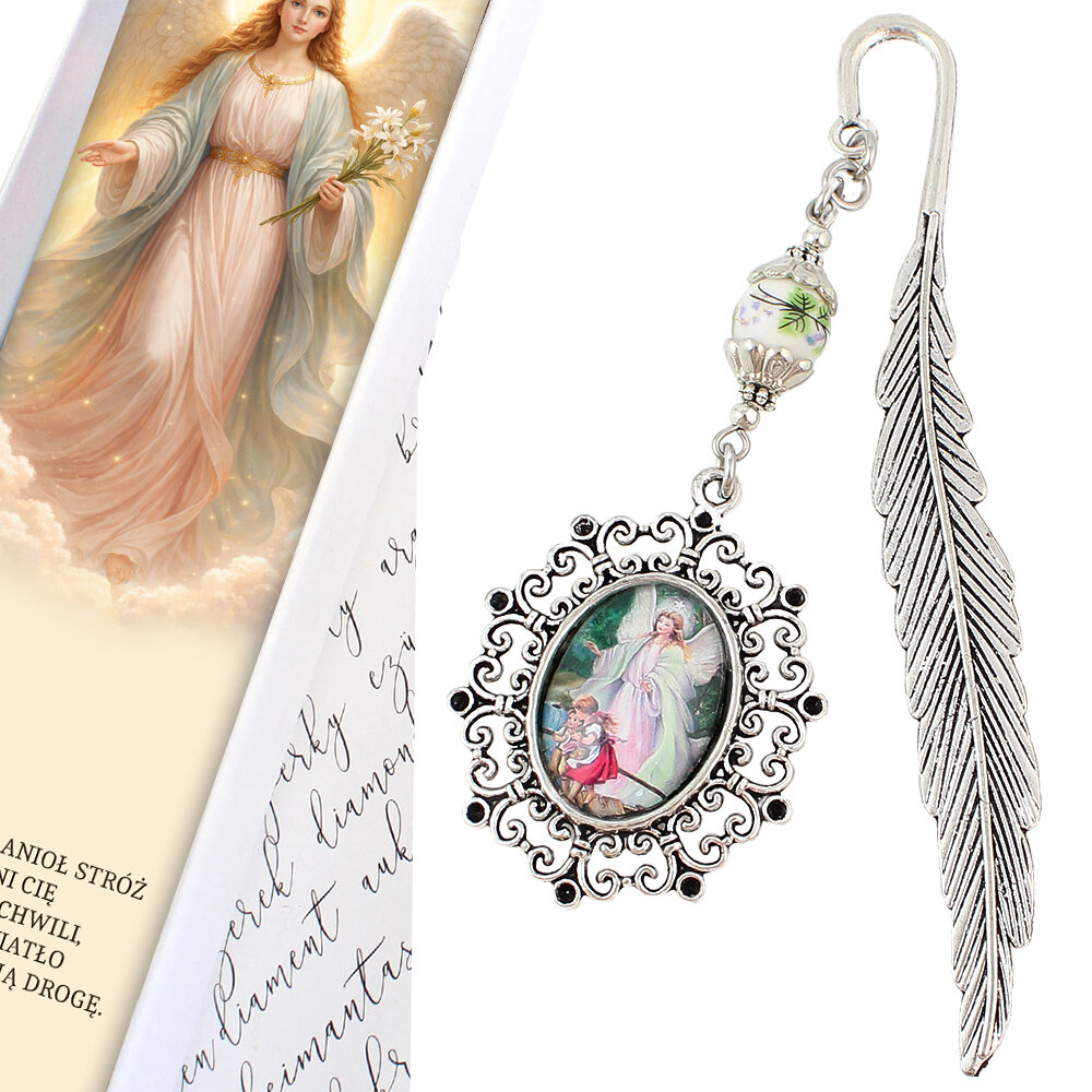 Chrześcijańska zakładka do książki z grafiką Anioła Stróża pod szkiełkiem, antyczne srebro, prezent na komunię świętą w pudełku.