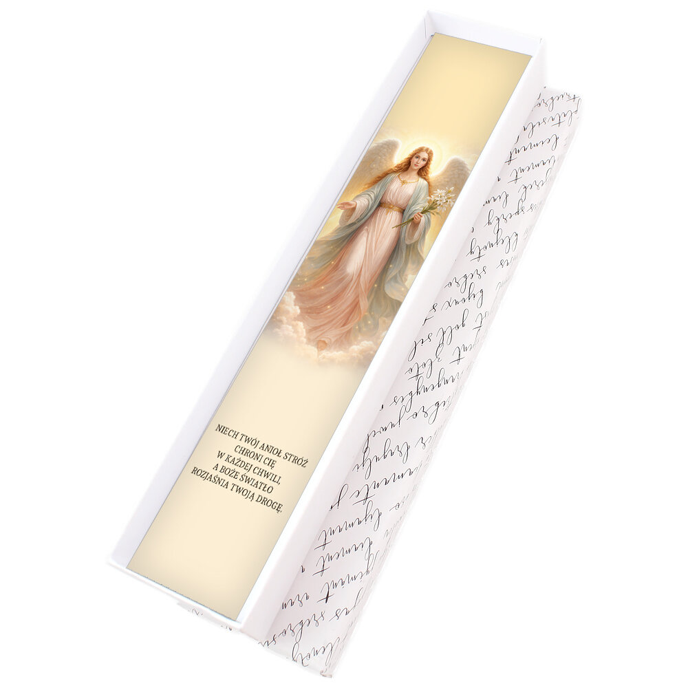 Chrześcijańska zakładka do książki z grafiką Anioła Stróża pod szkiełkiem, antyczne srebro, prezent na komunię świętą w pudełku.