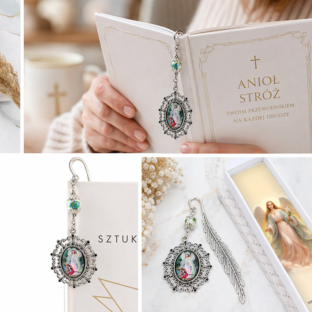 Chrześcijańska zakładka do książki z grafiką Anioła Stróża pod szkiełkiem, antyczne srebro, prezent na komunię świętą w pudełku.