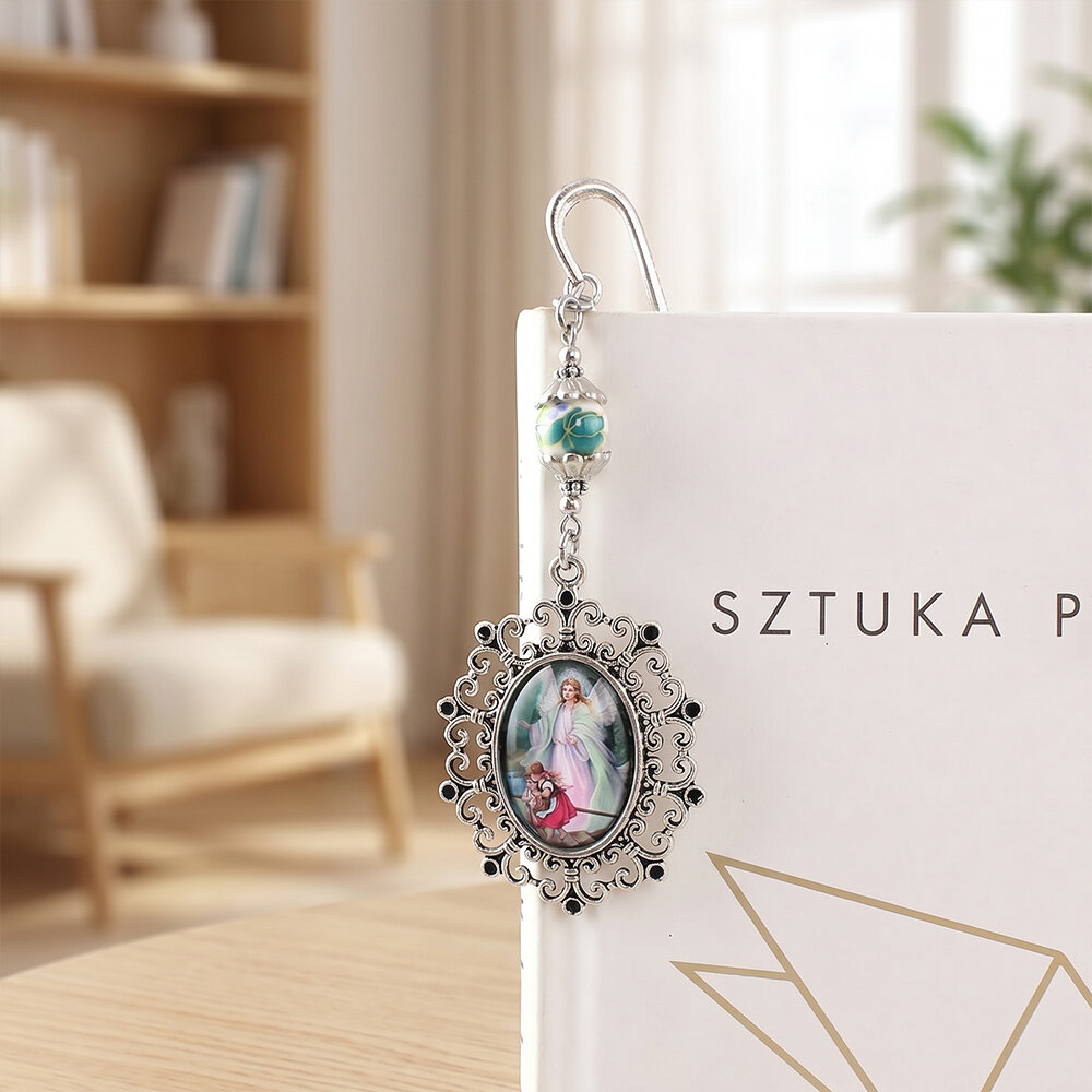 Chrześcijańska zakładka do książki z grafiką Anioła Stróża pod szkiełkiem, antyczne srebro, prezent na komunię świętą w pudełku.