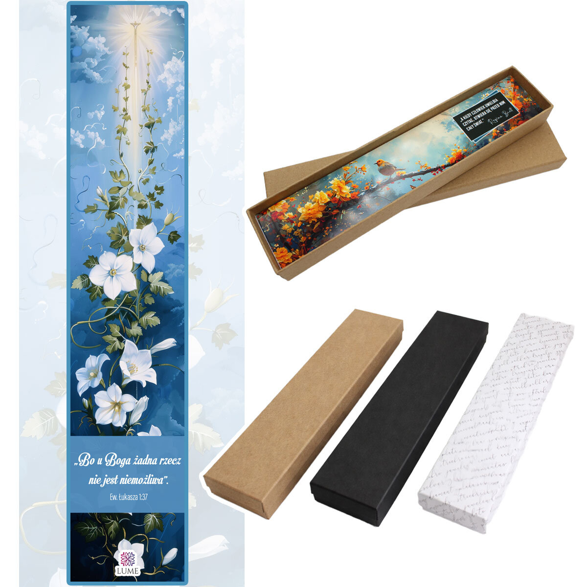 Srebrna zakładka do książki zdobiona motywem roślinnym, z zawieszką z kamieni białego jadeitu i wizerunkiem Anioła Stróża z dziećmi pod szklanym kaboszonem