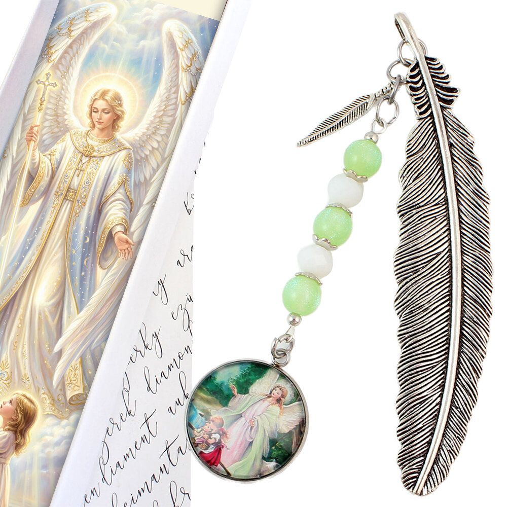 Chrześcijańska zakładka do książki z grafiką Anioła Stróża pod szkiełkiem, antyczne srebro, prezent na komunię świętą w pudełku.