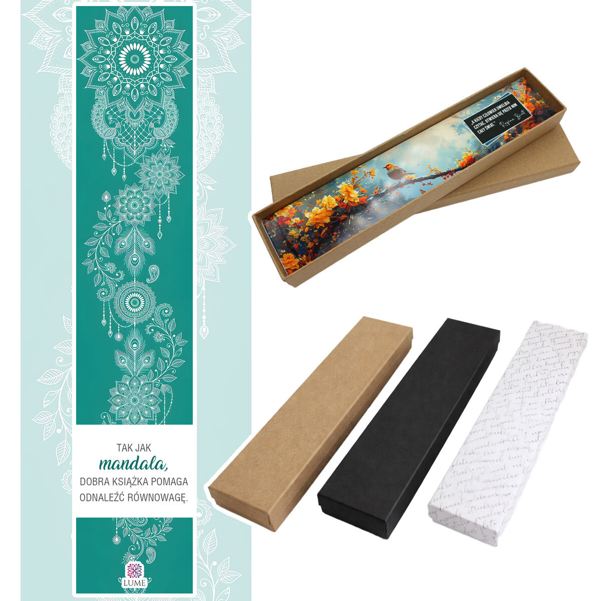 Zakładka do książki z antycznego brązu o falistym trzonie, z ozdobnym koralikiem i uspokajającą, turkusową mandalą pod szklanym kaboszonem.