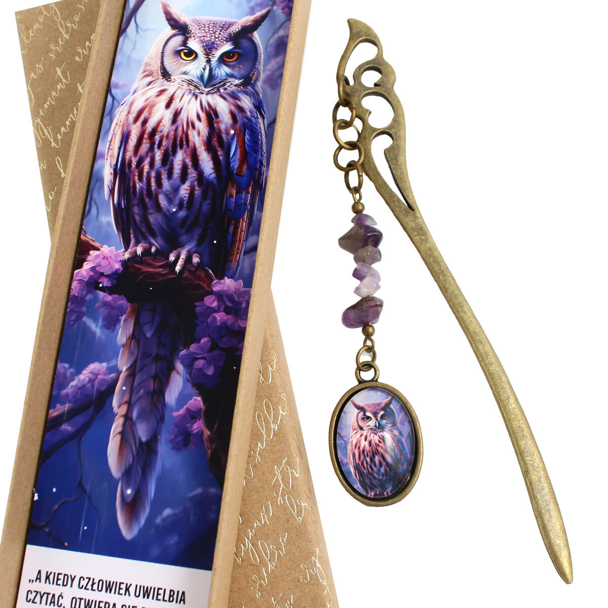 Zakładka z sową ametyst handmade prezent dla mola książkowego magiczna leśna