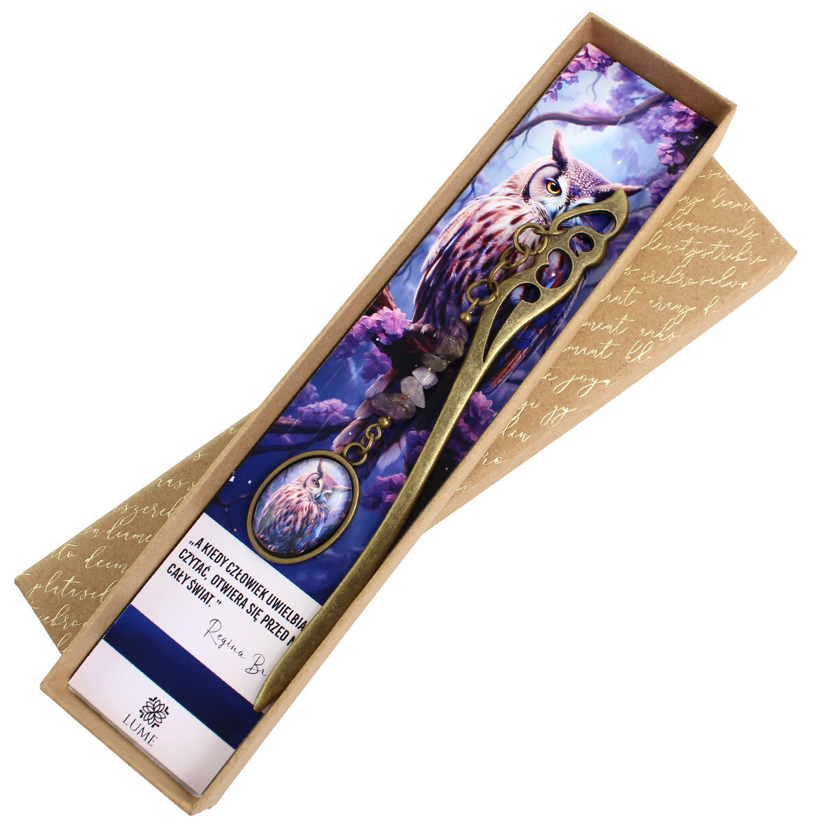 Zakładka z sową ametyst handmade prezent dla mola książkowego magiczna leśna