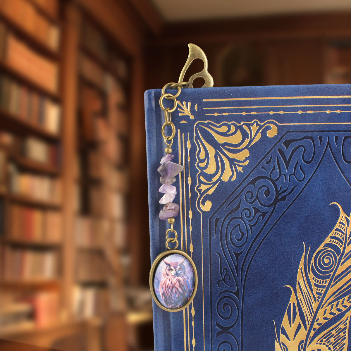 Zakładka z sową ametyst handmade prezent dla mola książkowego magiczna leśna