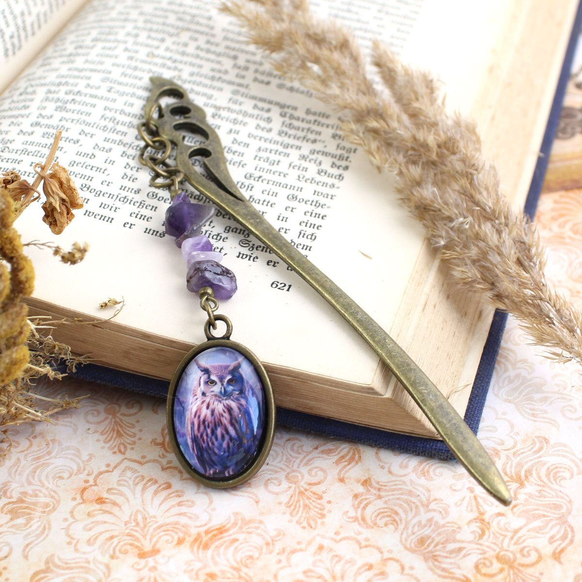 Zakładka z sową ametyst handmade prezent dla mola książkowego magiczna leśna