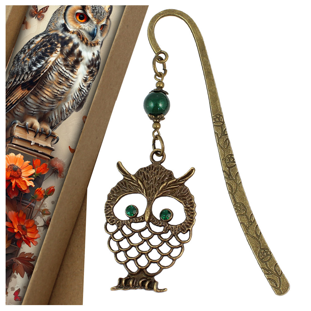 Zakładka do książki z antycznego brązu w kształcie pióra z zawieszką przedstawiającą uroczo wyrzeźbioną sowę i akrylowy listek.