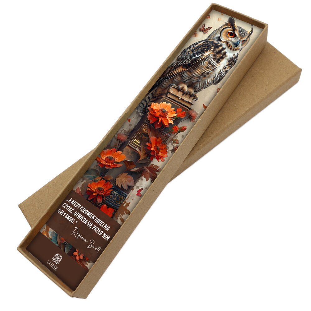 Zakładka do książki z antycznego brązu w kształcie pióra z zawieszką przedstawiającą uroczo wyrzeźbioną sowę i akrylowy listek.