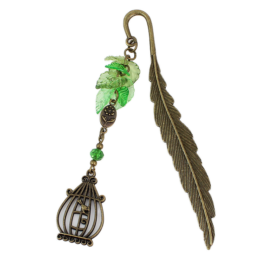 Zakładka do książki z antycznego brązu z zawieszką w kształcie ptaszka w klatce, akrylowymi listkami i szklanym koralikiem