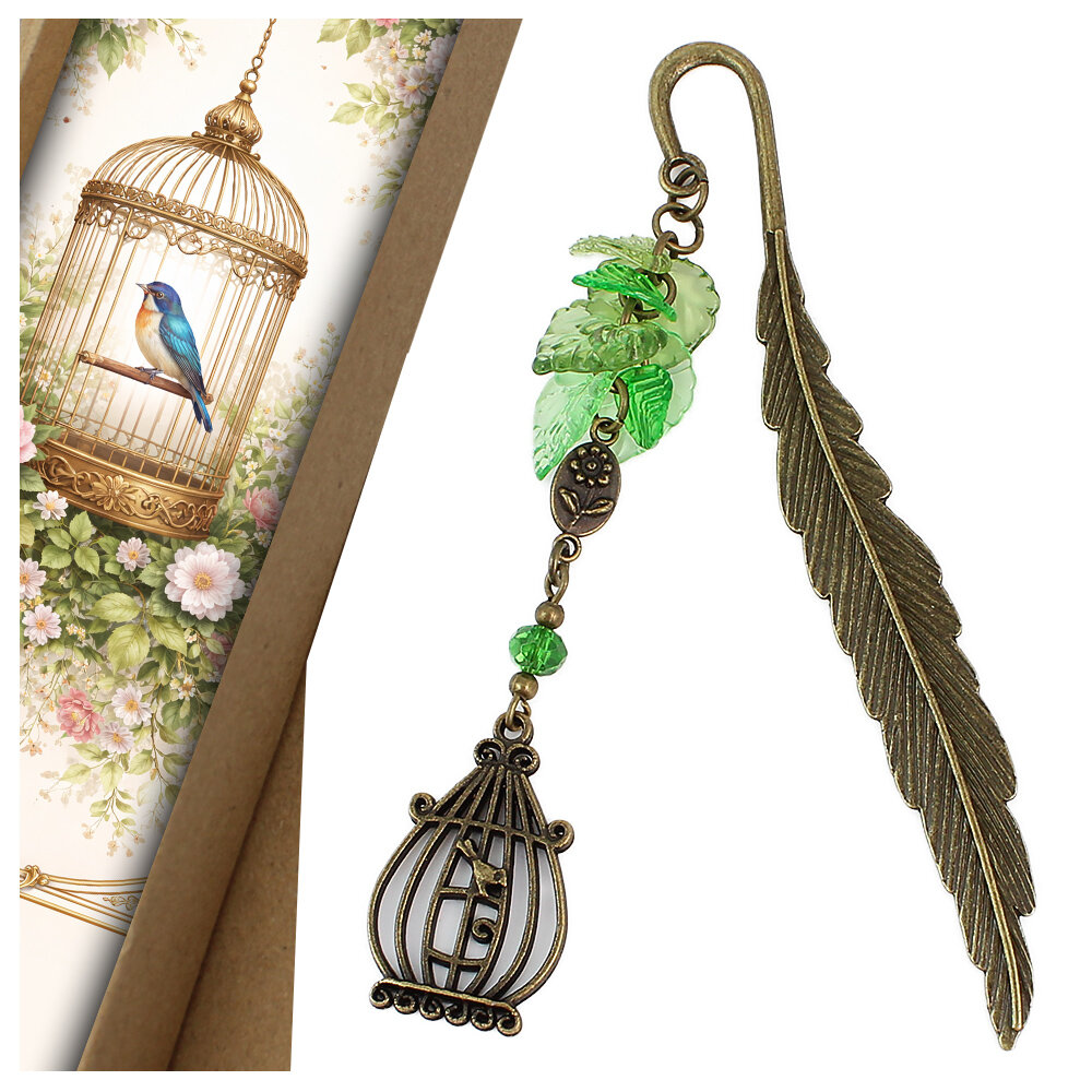 Zakładka do książki z antycznego brązu z zawieszką w kształcie ptaszka w klatce, akrylowymi listkami i szklanym koralikiem
