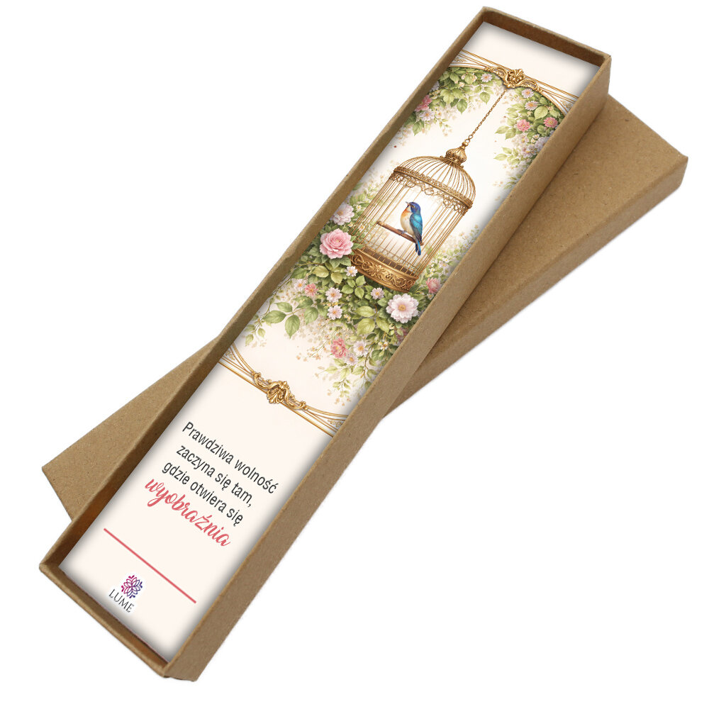 Zakładka do książki z antycznego brązu z zawieszką w kształcie ptaszka w klatce, akrylowymi listkami i szklanym koralikiem