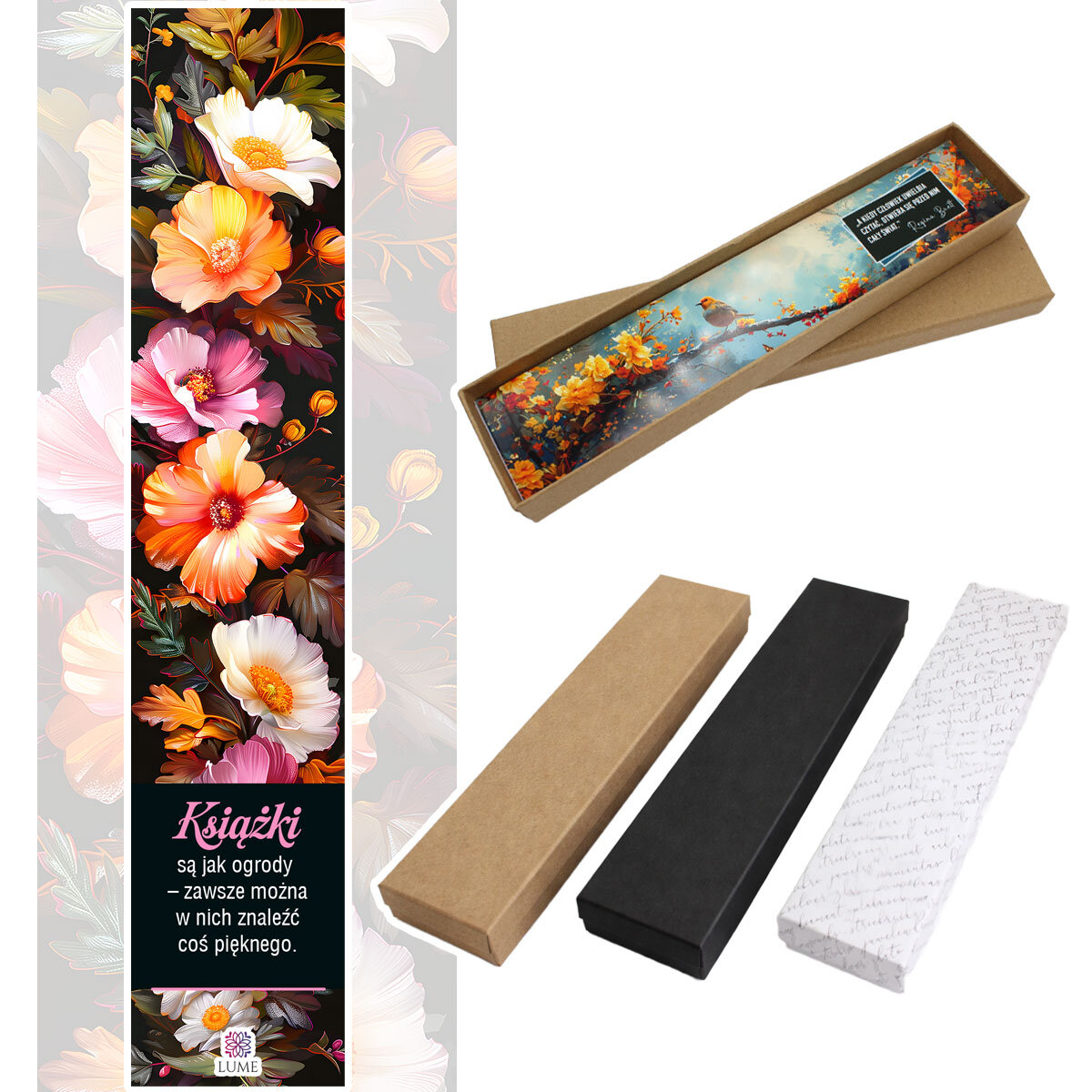 Zakładka do książki z antycznego brązu z różowymi kryształkami i owalnym szklanym kaboszonem z grafiką ptaszków i kwiatów na łące.