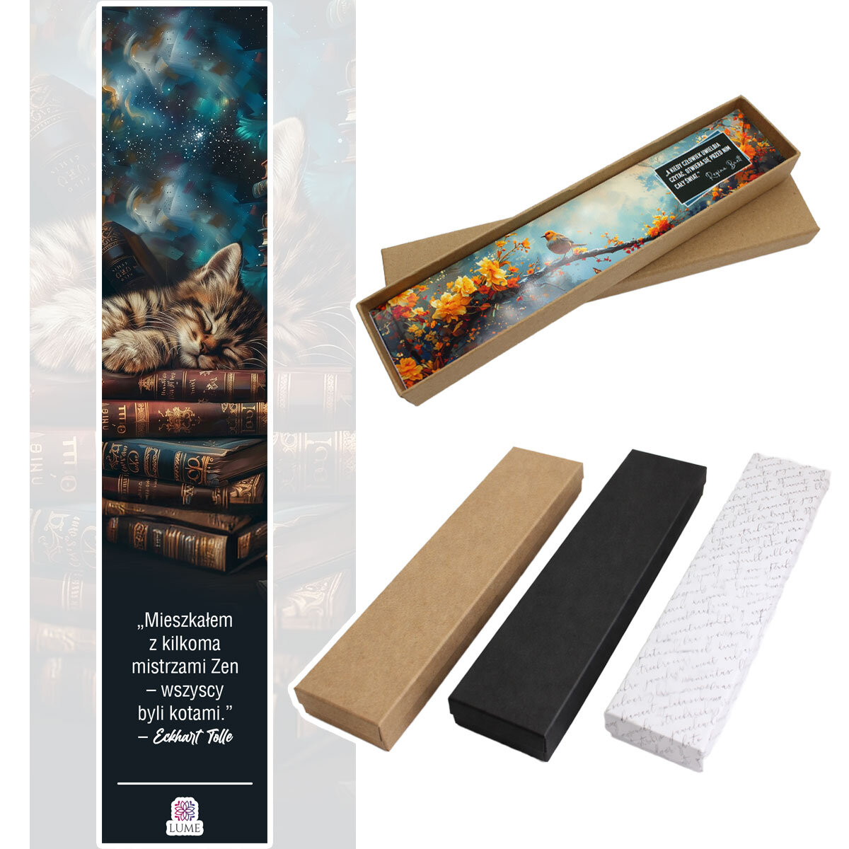 Zakładka do książki z antycznego brązu z zawieszką w kształcie gwiazdek oraz ilustracją śpiącego kota na stosie książek pod szkiełkiem.