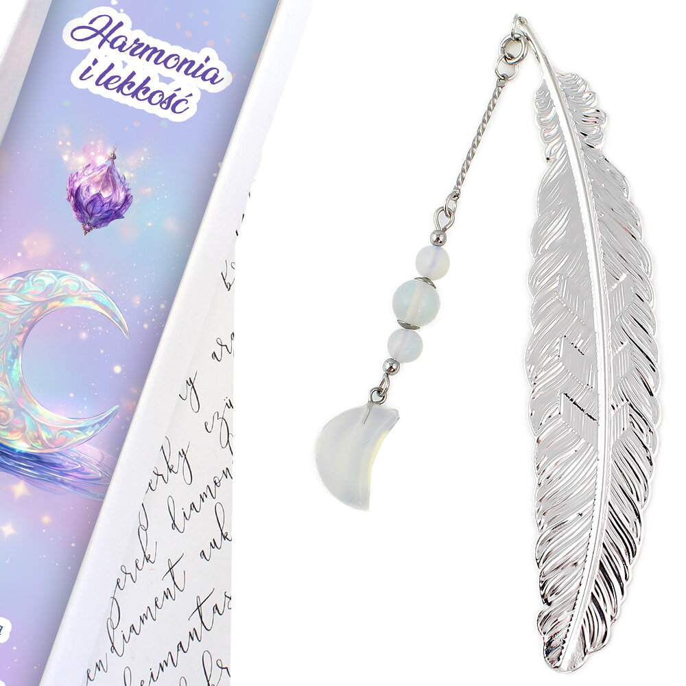 Cienka metalowa zakładka do książki pióro z zawieszką z kamienia opalitu w kształcie księżyca i koralików, w ozdobnym pudełku.