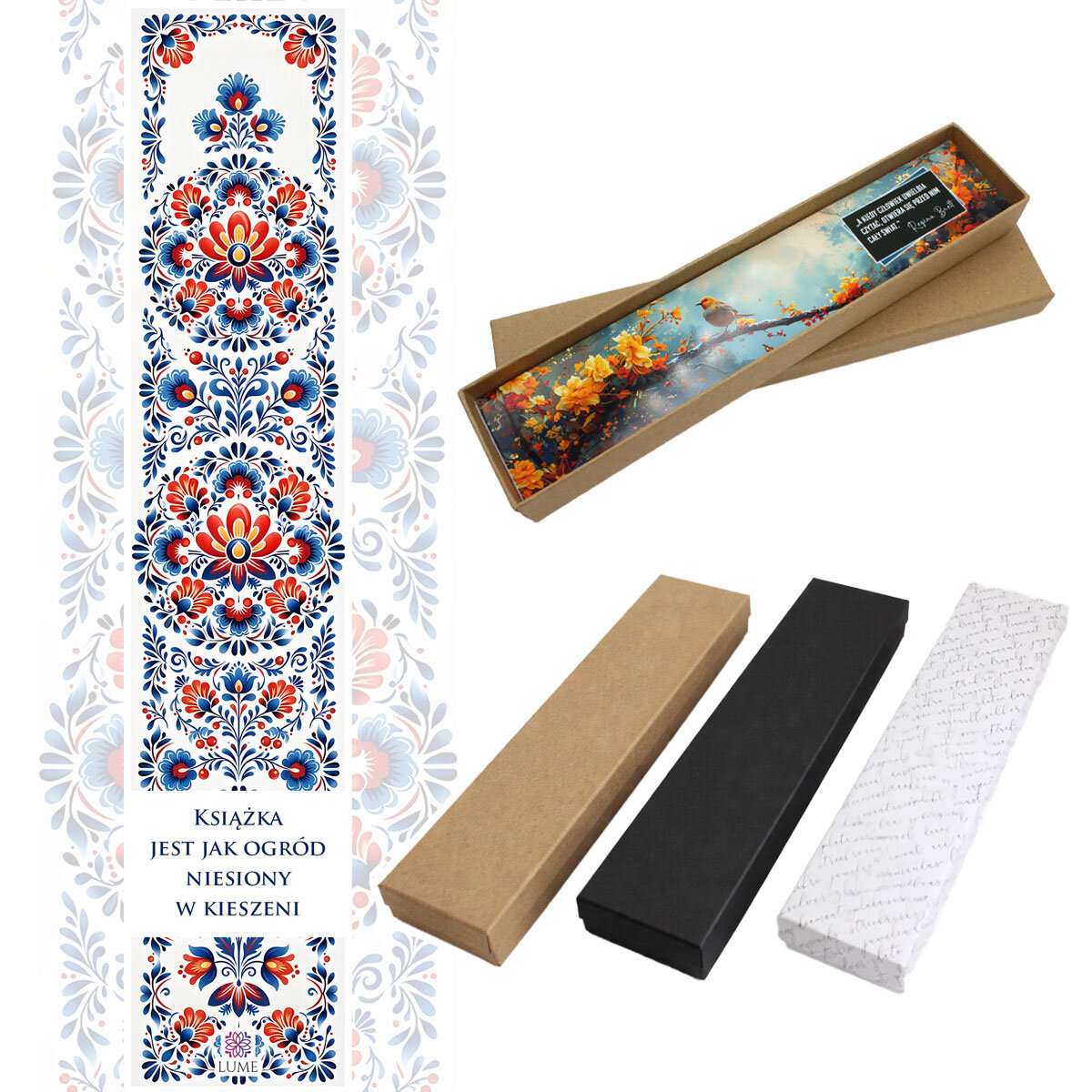 Zakładka do książki z antycznego brązu z ozdobnym, ceramicznym koralikiem i barwnym wzorem ludowych kwiatów pod szklanym kaboszonem.