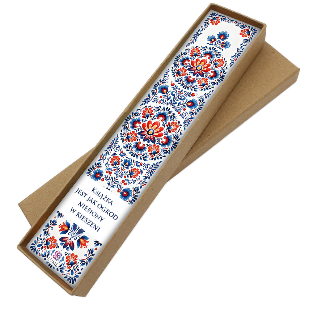 Zakładka do książki z antycznego brązu z ozdobnym, ceramicznym koralikiem i barwnym wzorem ludowych kwiatów pod szklanym kaboszonem.