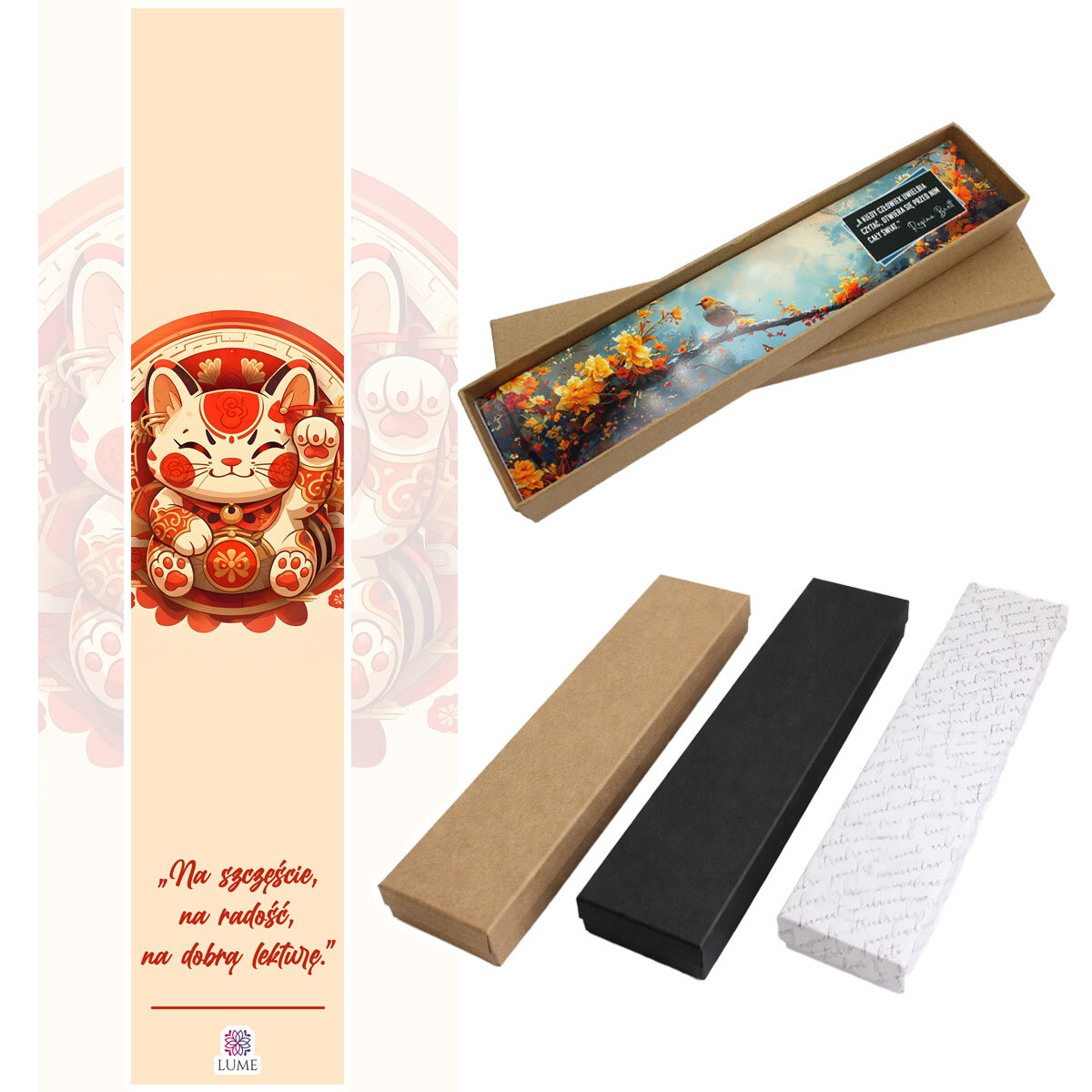 Zakładka do książki z antycznego brązu w kształcie pióra, z czerwonymi kryształkami i grafiką radosnego kota Maneki Neko pod szklanym kaboszonem.