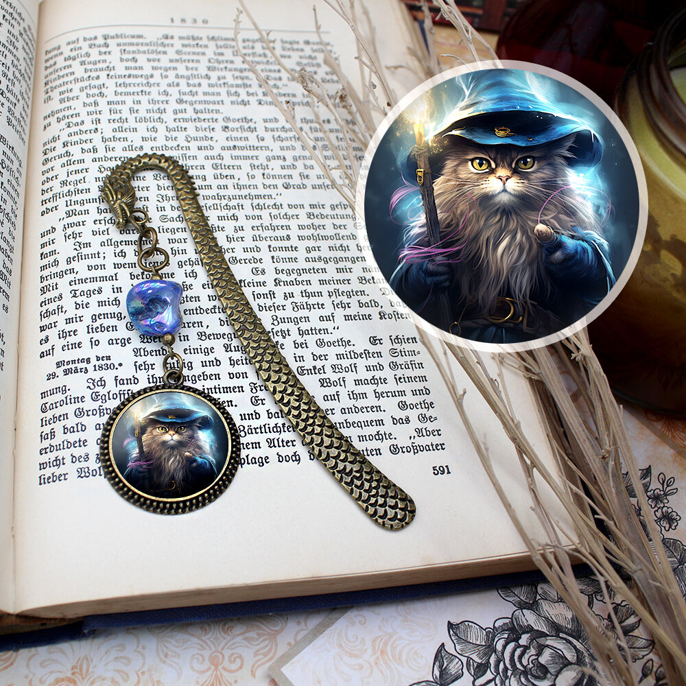 Zakładka do książki bookmark kot kotek mag czarodziej magik dnd rpg smok vintage