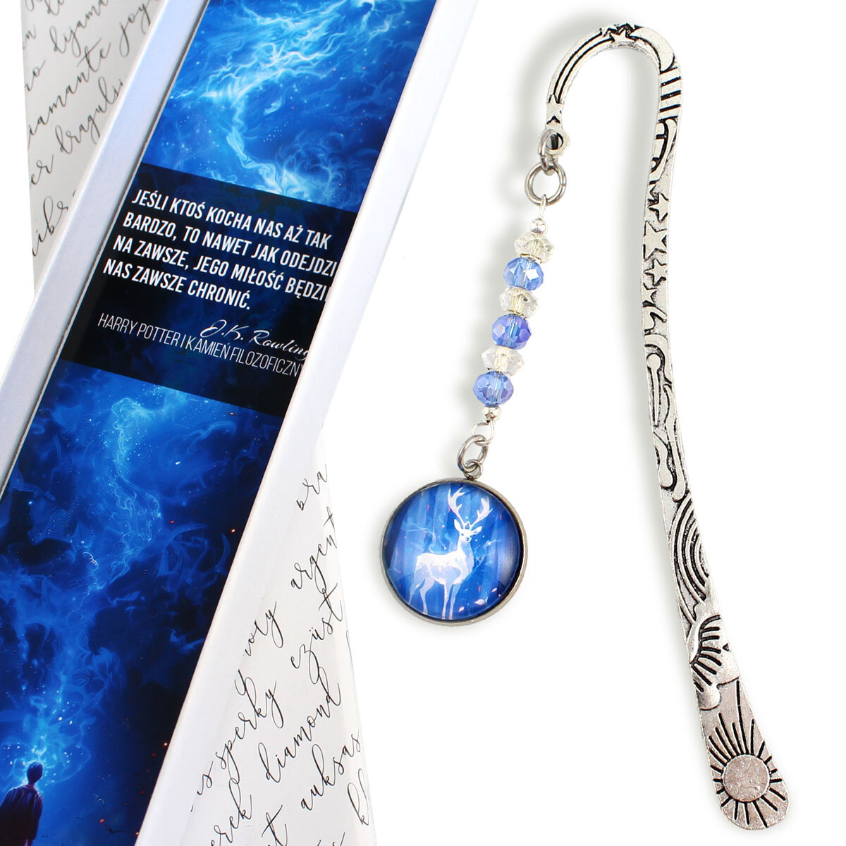 Zakładka do książki z motywem Harry’ego Pottera – Patronus jelen Zakładka do książki Harry Potter patronus jelen kryształki