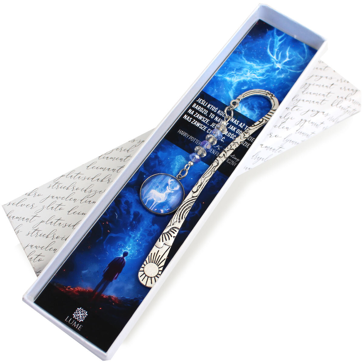 Zakładka do książki z motywem Harry’ego Pottera – Patronus jelen Zakładka do książki Harry Potter patronus jelen kryształki
