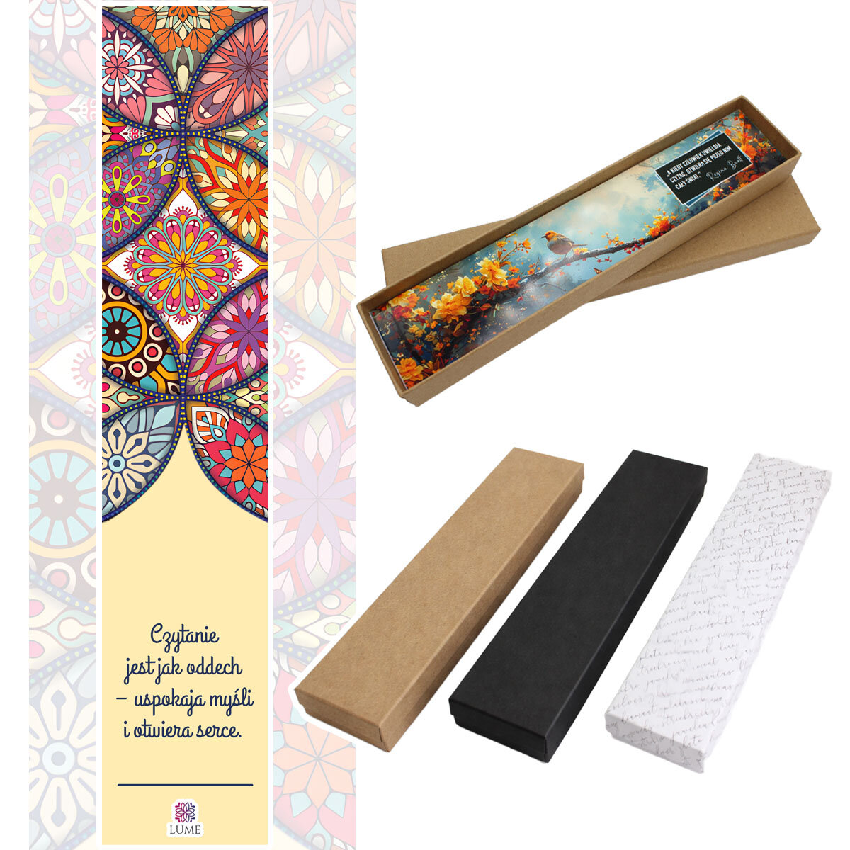 Zakładka do książki z antycznego brązu z plecionym wzorem, drewnianymi koralikami i wielobarwną, harmonijną mandalą pod szklanym kaboszonem