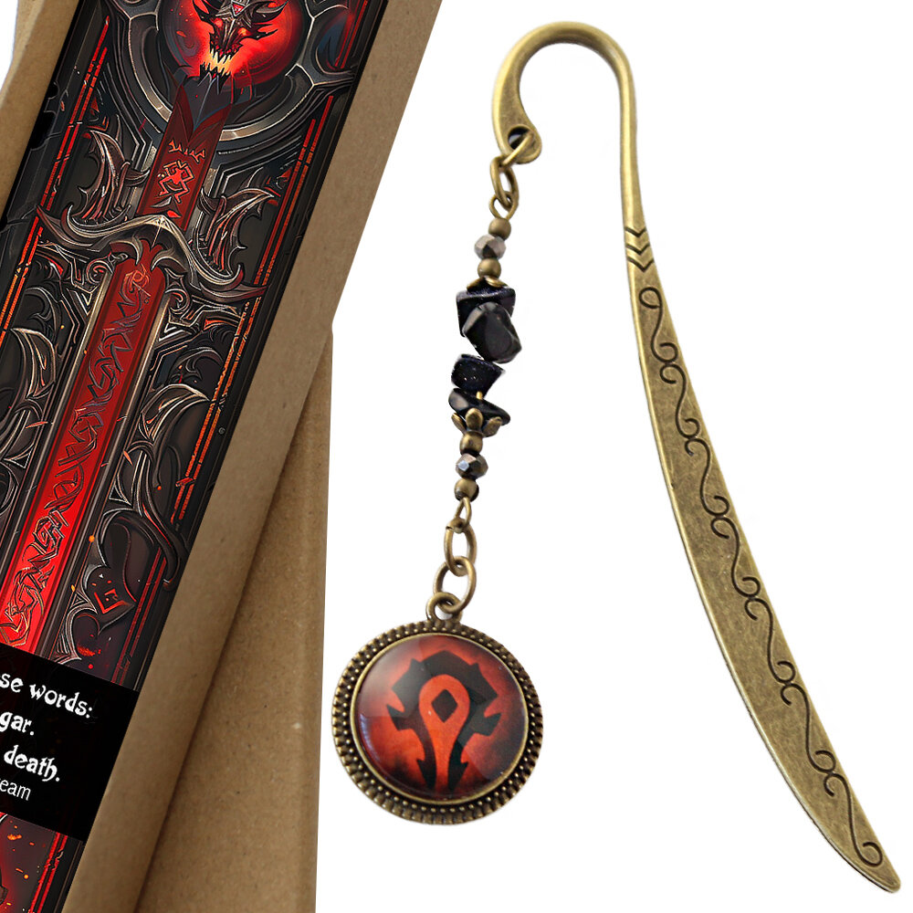 Zakładka do książki Horda World of Warcraft prezent Zakładka do książki w kolorze antycznego brązu z symbolem Hordy pod szklanym kaboszonem i bryłkami ciemnego kamienia Noc Kairu