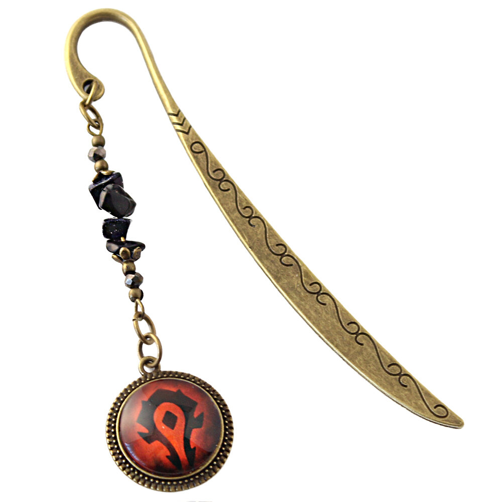Zakładka do książki Horda World of Warcraft prezent Zakładka do książki w kolorze antycznego brązu z symbolem Hordy pod szklanym kaboszonem i bryłkami ciemnego kamienia Noc Kairu