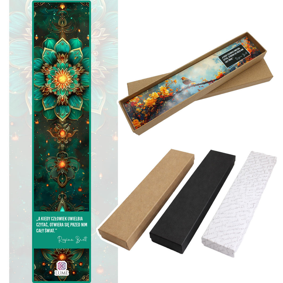 Zakładka do książki mandala turkusowa prezent Zakładka do książki piórko w kolorze antycznego brązu z turkusowymi kryształkami i zawieszką z mandalą pod szklanym kaboszonem