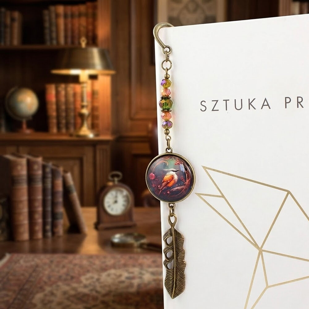 Zakładka do książki z antycznego brązu z szklanym kaboszonem w oprawie zdobionej kryształkami, przedstawiającym ryciny w stylu vintage z sikorą bogatką i zawieszką w kształcie piórka.