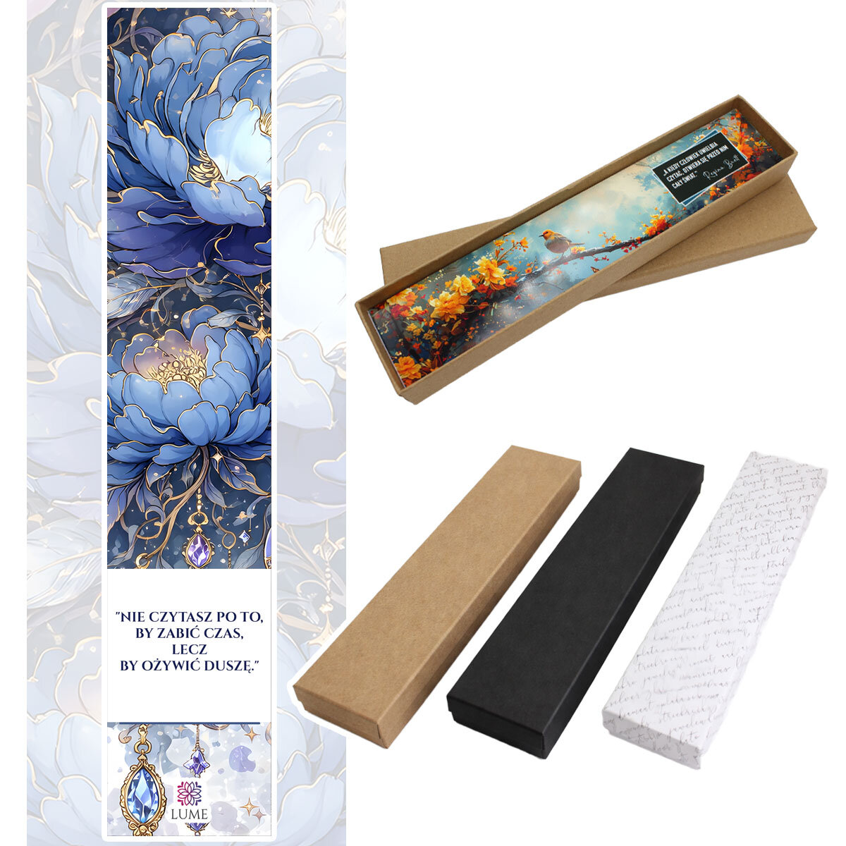 Cienka i lekka metalowa zakładka do książki w kształcie pióra, zdobiona wiszącą zawieszką z szafirowych szklanych kryształków i niebieskiego akrylowego listka, w ozdobnym pudełku.