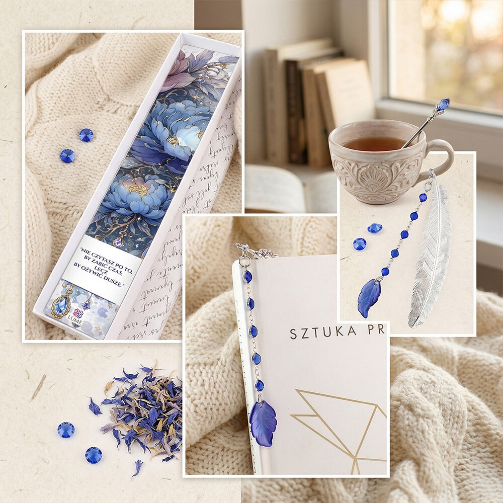 Cienka i lekka metalowa zakładka do książki w kształcie pióra, zdobiona wiszącą zawieszką z szafirowych szklanych kryształków i niebieskiego akrylowego listka, w ozdobnym pudełku.