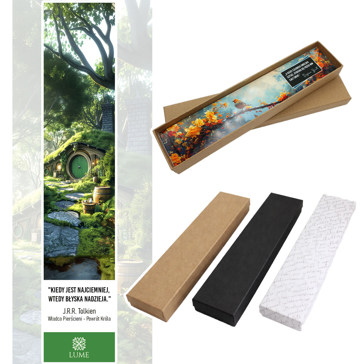 Zakładka do książki z antycznego brązu z zawieszką w formie zielonych listków i grafiką drzwi do domu Hobbita pod szklanym kaboszonem.