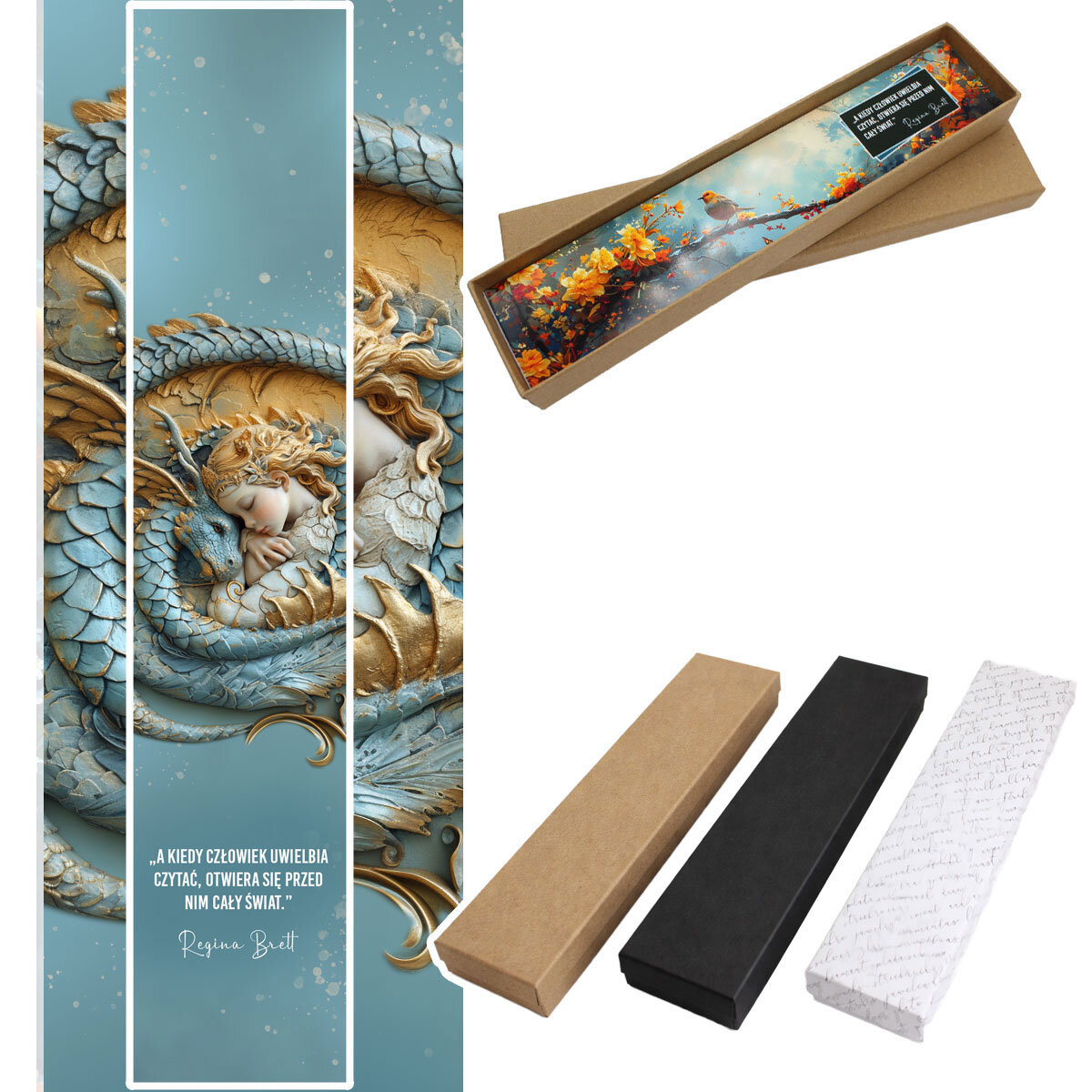 rebrna zakładka do książki z trzonem w kształcie smoka, szklanymi kryształkami oraz zawieszką z grafiką śpiącej księżniczki i smoka