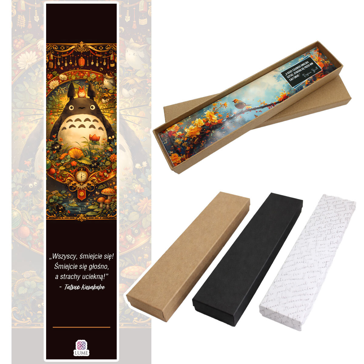 Zakładka do książki z antycznego brązu z motywem w kształcie sowy, małym listkiem i uroczym Duchem Lasu Totoro z parasolką pod szkłem.