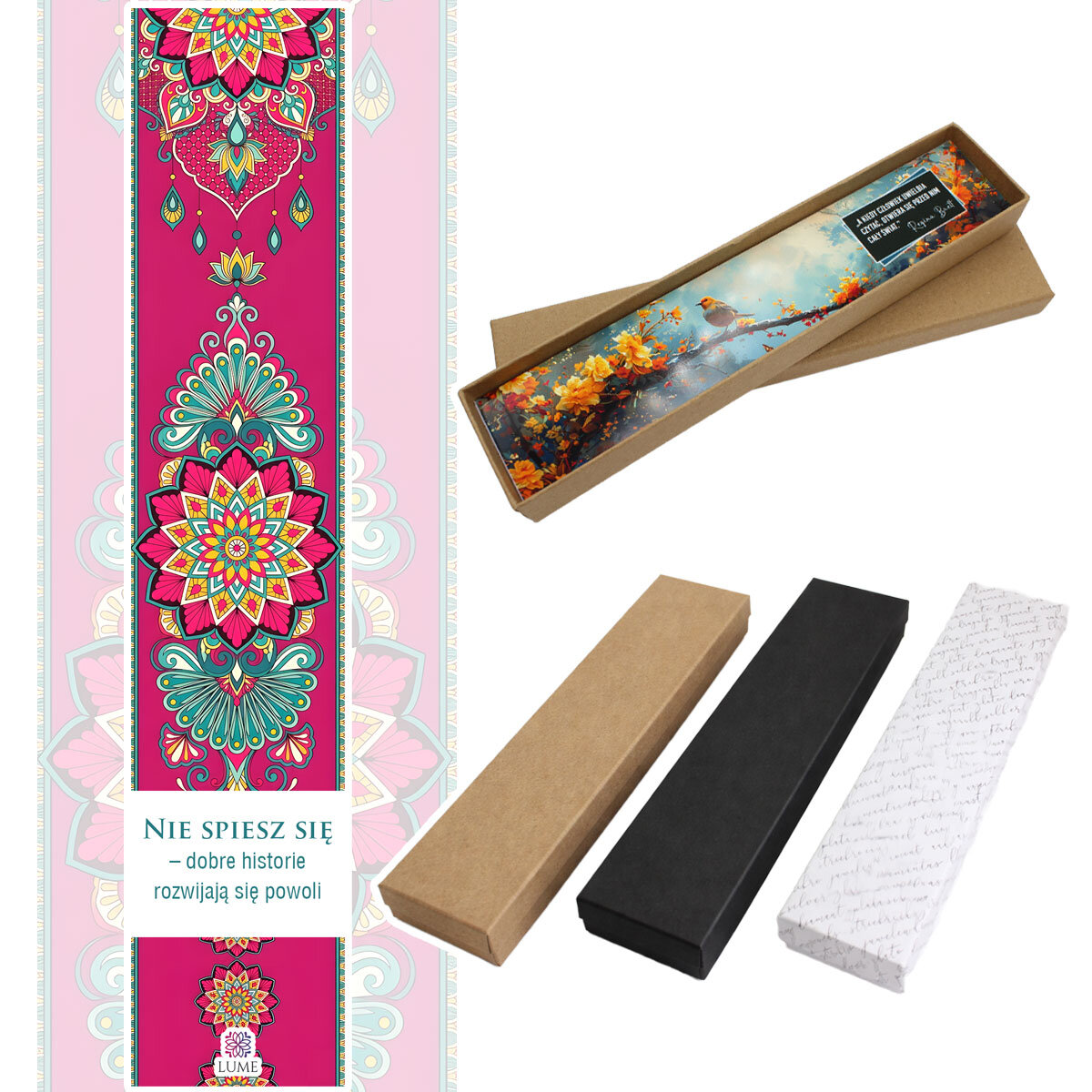 Zakładka do książki z antycznego brązu z niebieskimi koralikami i wielobarwną, harmonijną mandalą pod wypukłym szkiełkiem.