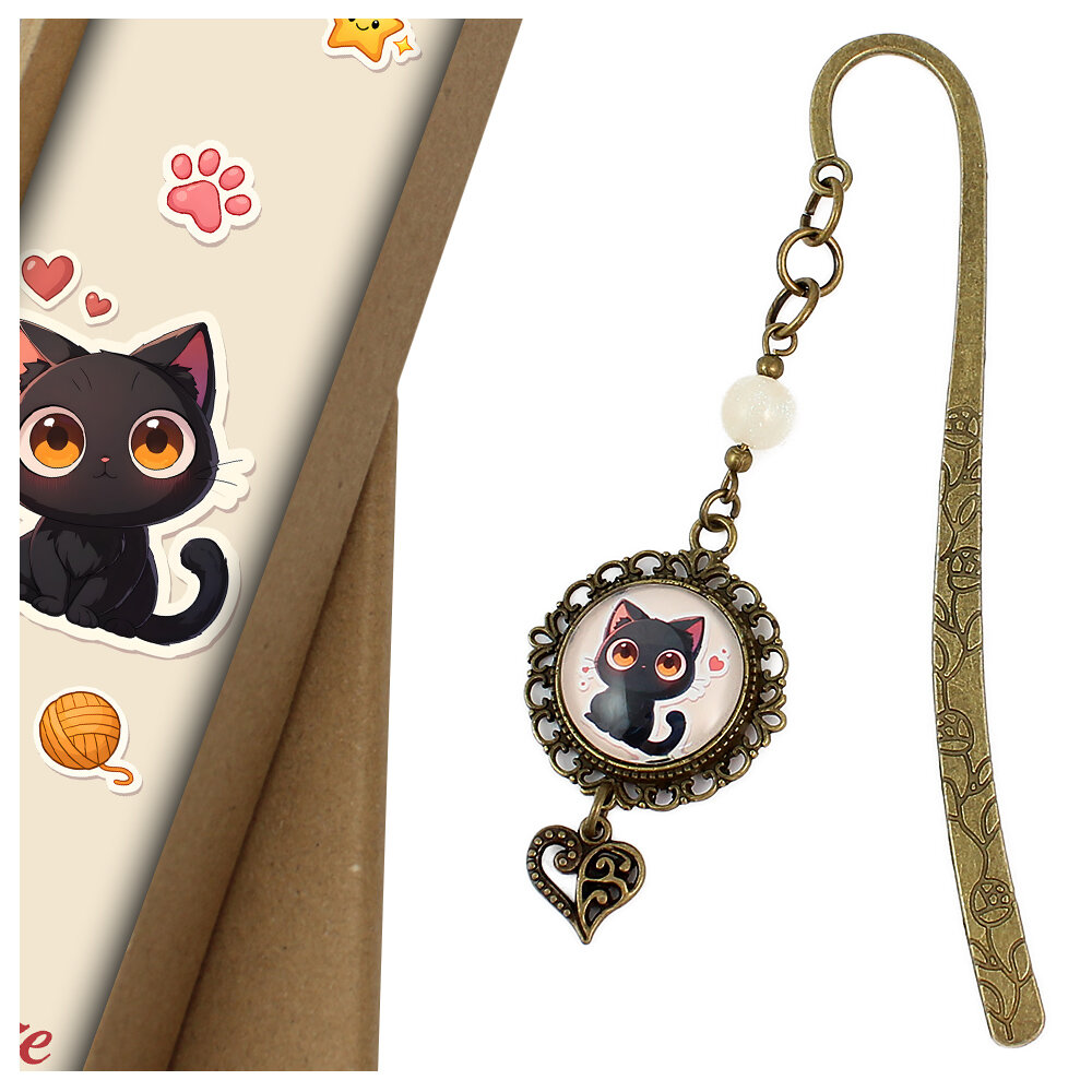 Zakładka do książki z antycznego brązu z kwiatowym trzonem, zawieszką z serduszkiem i uroczym czarnym kotkiem w stylu anime pod kaboszonem