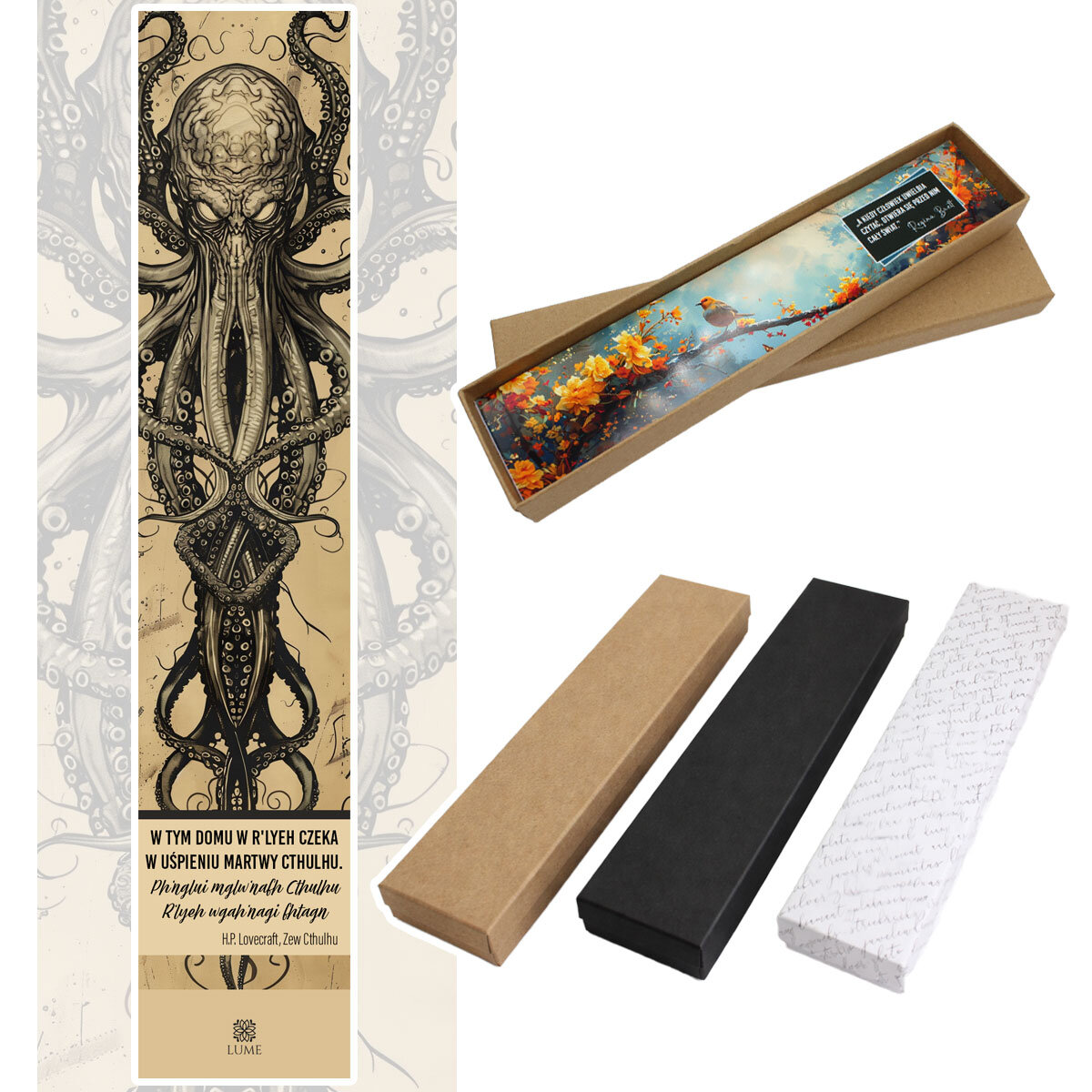 Zakładka do książki z antycznego brązu z owalnym szklanym kaboszonem przedstawiającym mroczny posążek Cthulhu inspirowany prozą Lovecrafta.