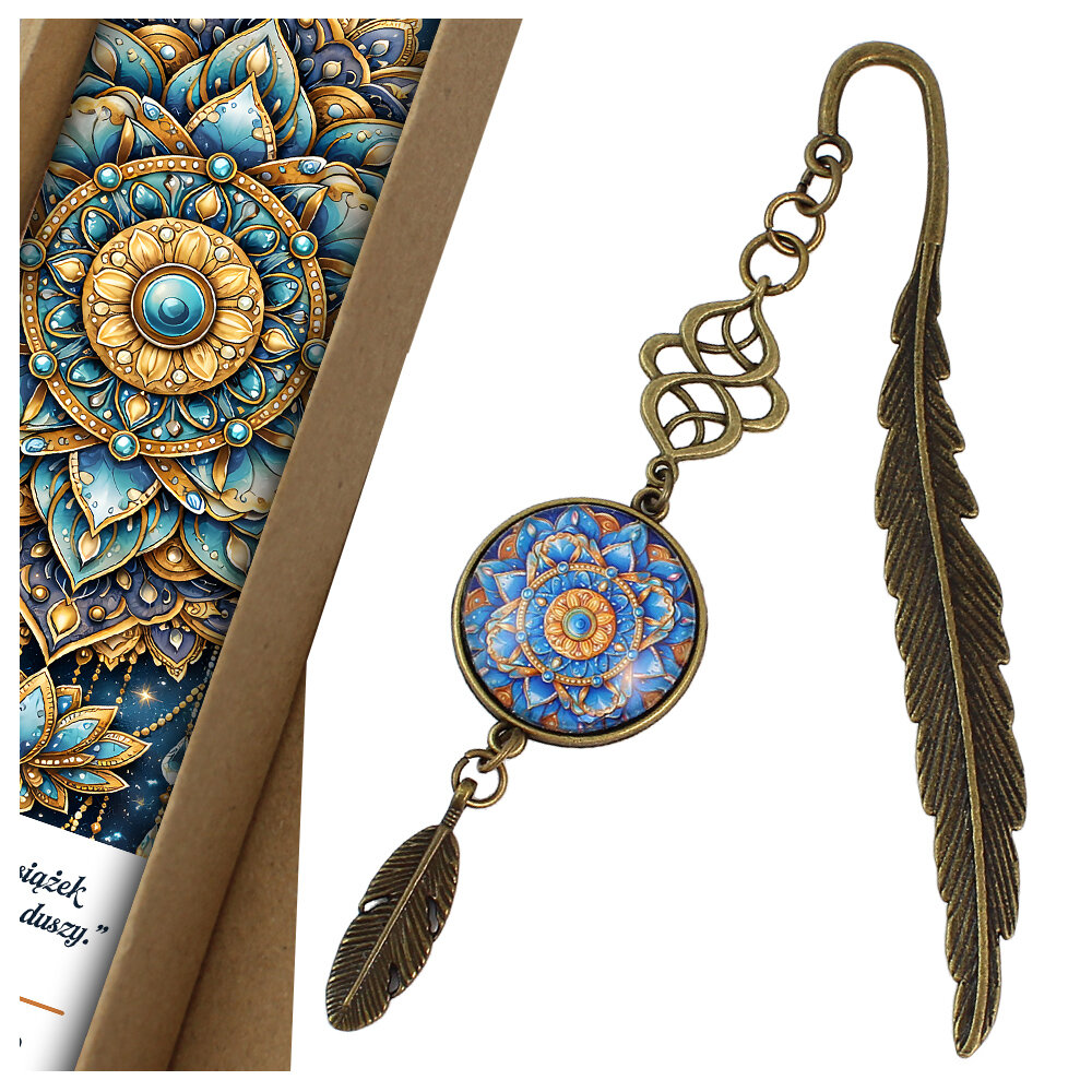 Zakładka do książki z antycznego brązu z wielobarwną mandalą o florystycznym kształcie zamkniętą pod szklanym kaboszonem na tle misternie rzeźbionej zawieszki.