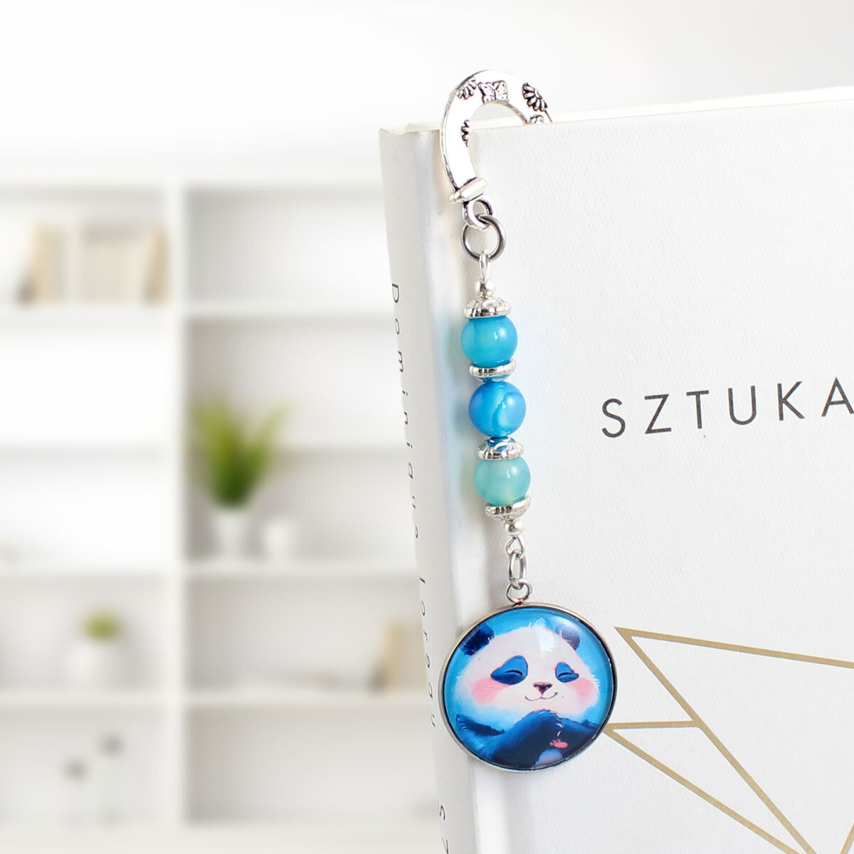Zakładka do książki z chubby pandą, jadeitowe koraliki, prezent dla dziecka