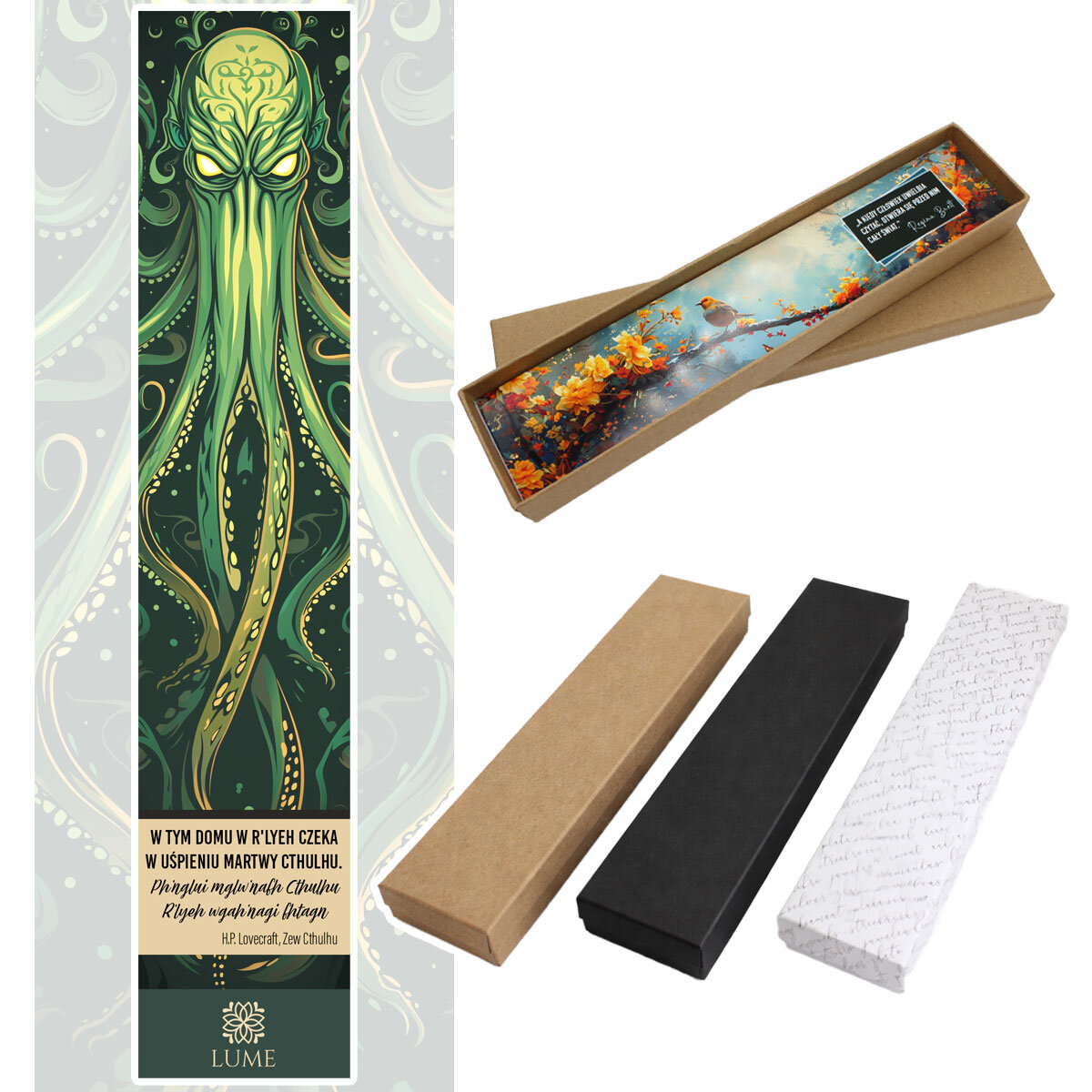 Zakładka do książki z antycznego brązu z graficznym przedstawieniem Przedwiecznego Cthulhu pod szklanym kaboszonem na tle zielonych odcieni.