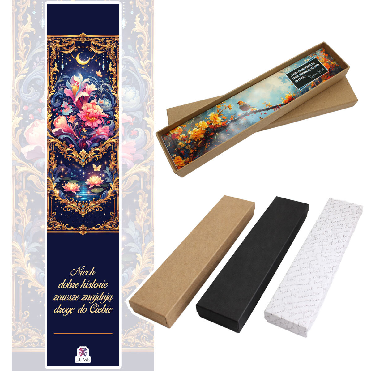 Zakładka do książki z antycznego brązu z niebieskim koralikiem i niebiesko-różowymi, kwitnącymi kwiatami pod szklanym kaboszonem.